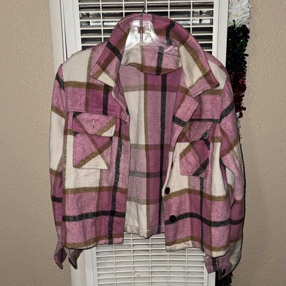 Stylish Pink and Cream Plaid Teddy Jacket